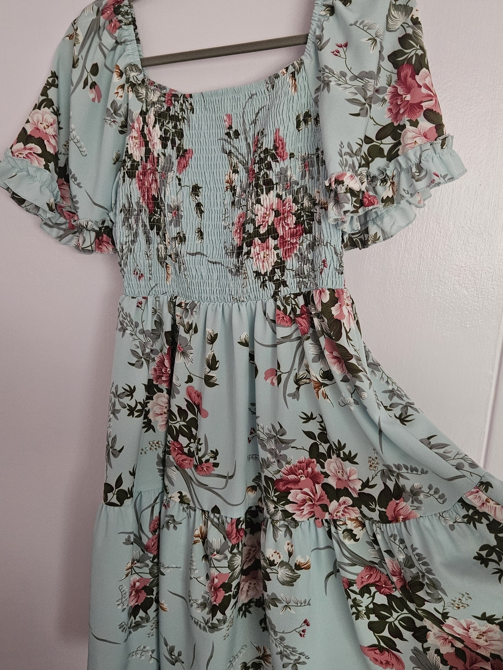 Light Blue Floral Midi Dress, Flowy Light Weight- Womens